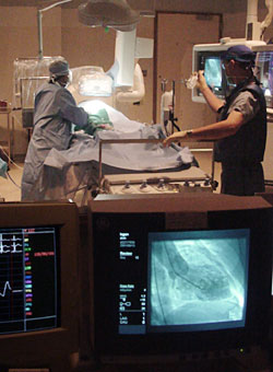 Photo showing the view from the control room of a cath lab.