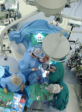 View of a coronary artery bypass operation from observation dome overhead.